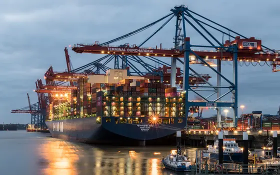 Container ship at a port terminal under gantry cranes at dusk